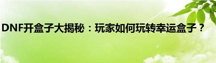 DNF开盒子大揭秘：玩家如何玩转幸运盒子？