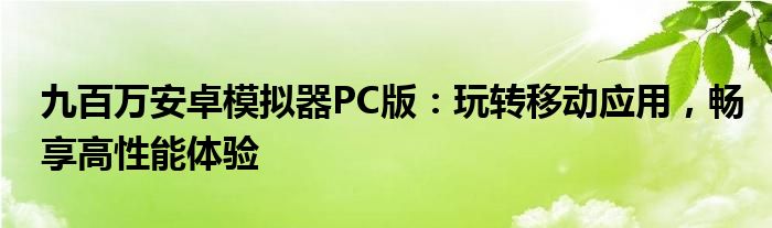 九百万安卓模拟器PC版：玩转移动应用，畅享高性能体验