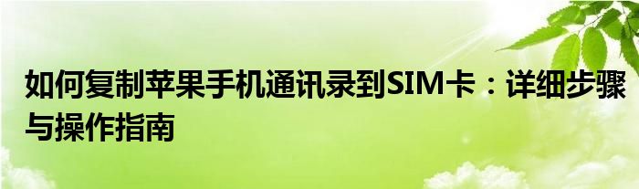 如何复制苹果手机通讯录到SIM卡：详细步骤与操作指南