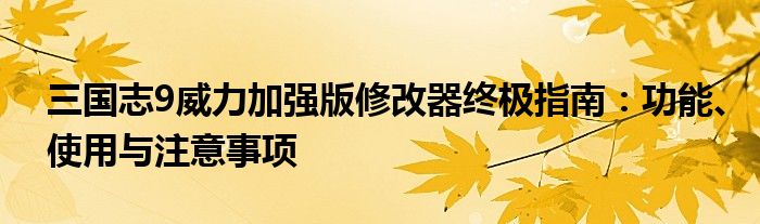 三国志9威力加强版修改器终极指南：功能、使用与注意事项